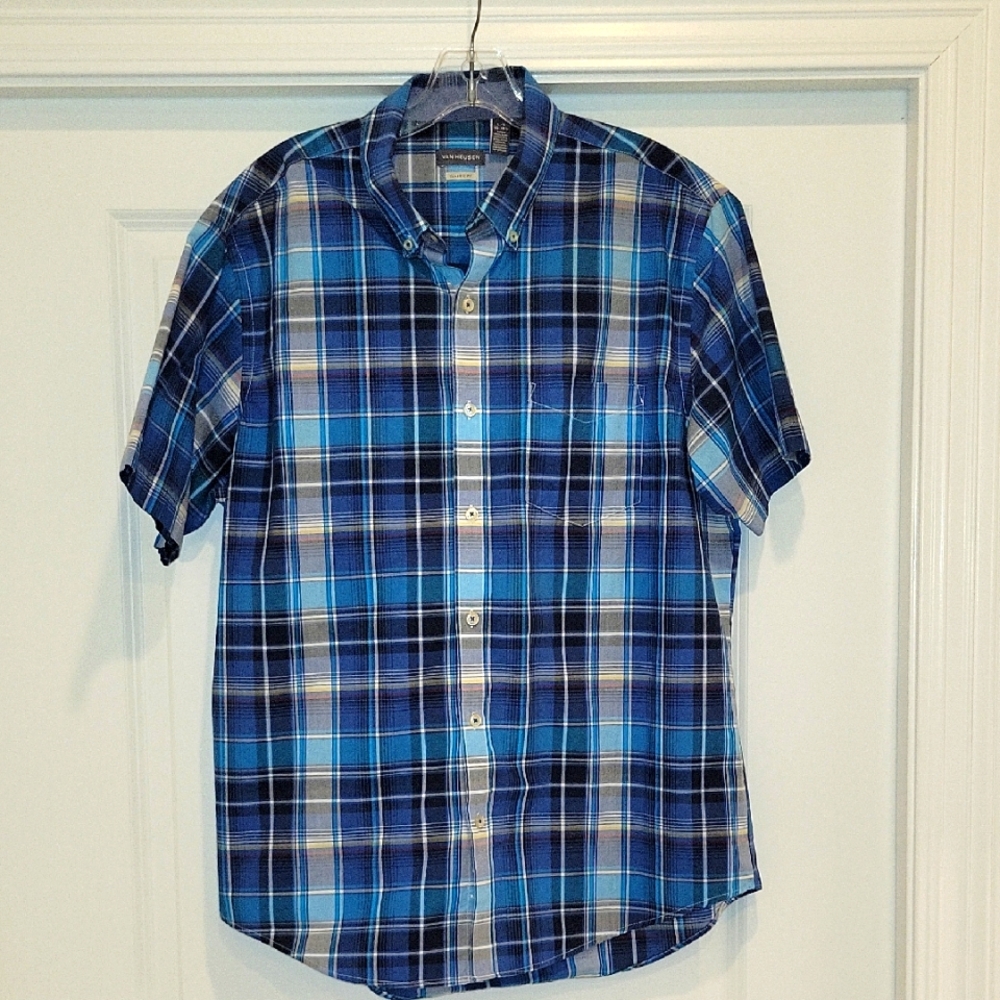 Van Heusen Blue and White Plaid Button Down Shirt